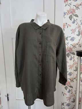 Poetry woman's organic linen button up classic single pocket shirt